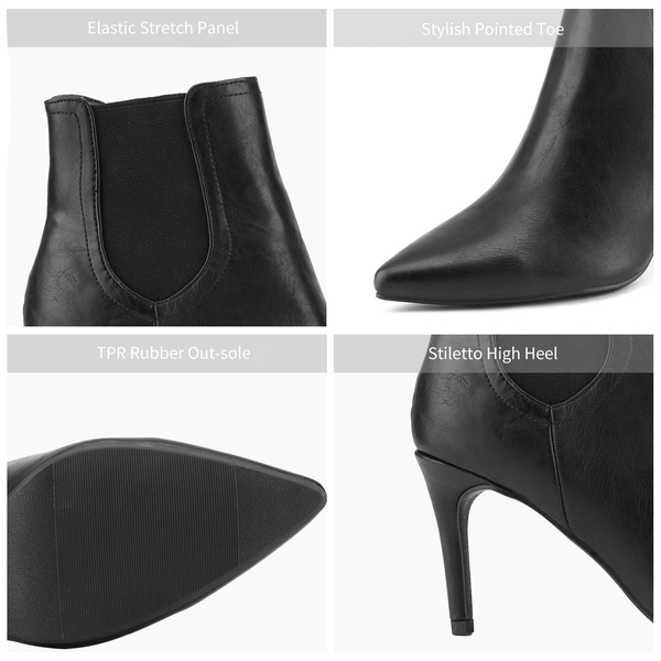 Pointed Toe Stiletto Chelsea Ankle Booties - BLACK PU - 4